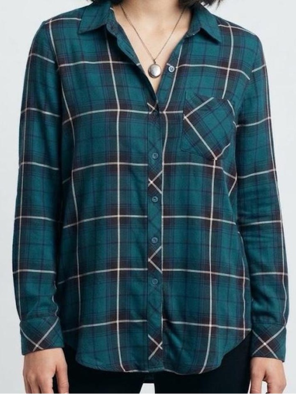 Plaid Teal Button-Down Shirt with Chest Pocket